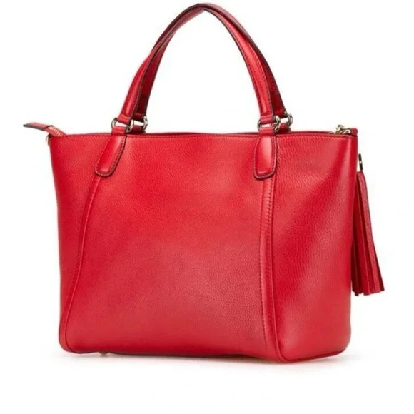 AUTHENTIC Gucci Soho Red Pebbled Leather Top Handle Bag Satchel Tassel - Red - Picture 2 of 8